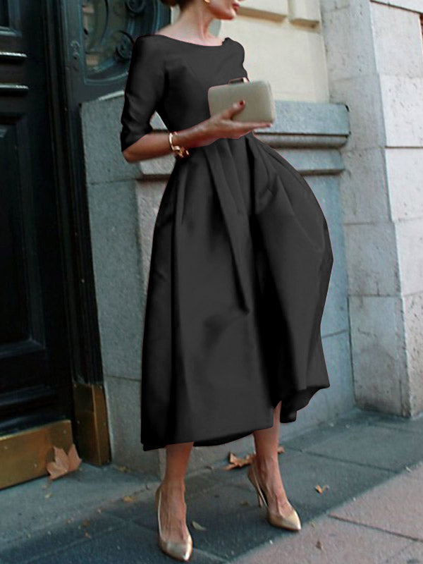 Solid Color A-Line Midi Dress with Loose Pleats, Pockets, and Round Neck