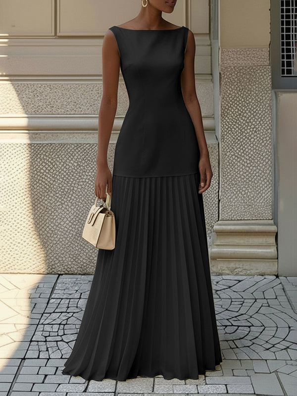 Sleeveless Pleated Gauze Maxi Dress with Boat Neck and Split Joint Design