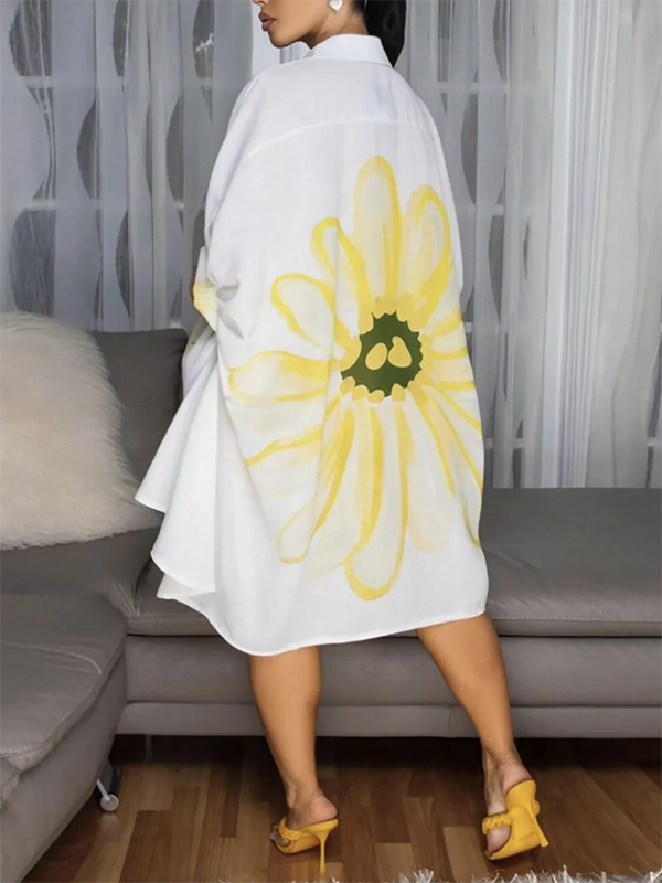 Half Sleeves Loose Buttoned Flower Print Lapel Mini Dresses Shirt Dress