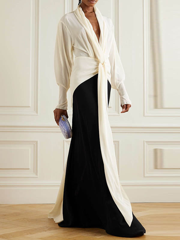 V-Neck Evening Maxi Dress with Long Sleeves and Contrast Color Design