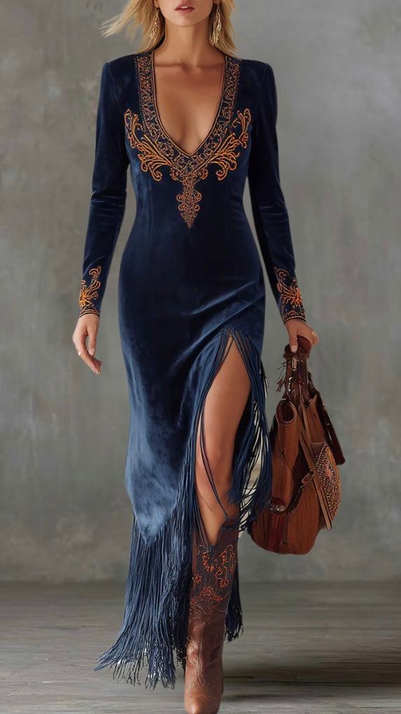 Aurora | Embroidered Suede Long Dress