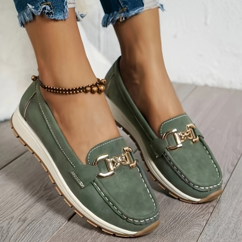Eloise - Green Loafers with Buckle Detail