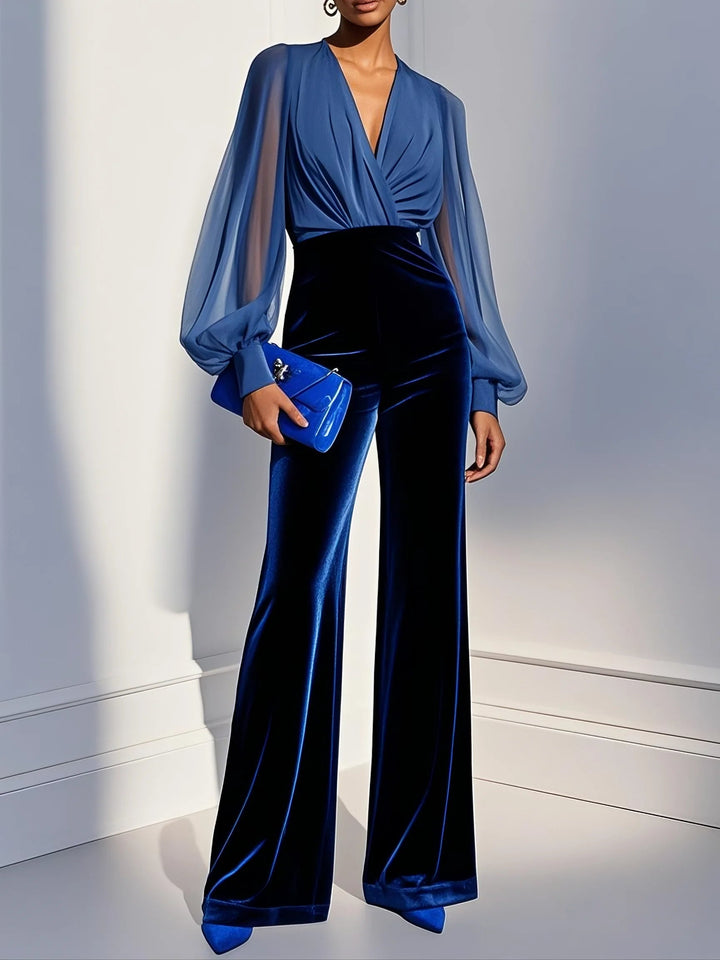 Zaira™ - Elegant Velvet Jumpsuit with V-Neck and Long Sheer Sleeves