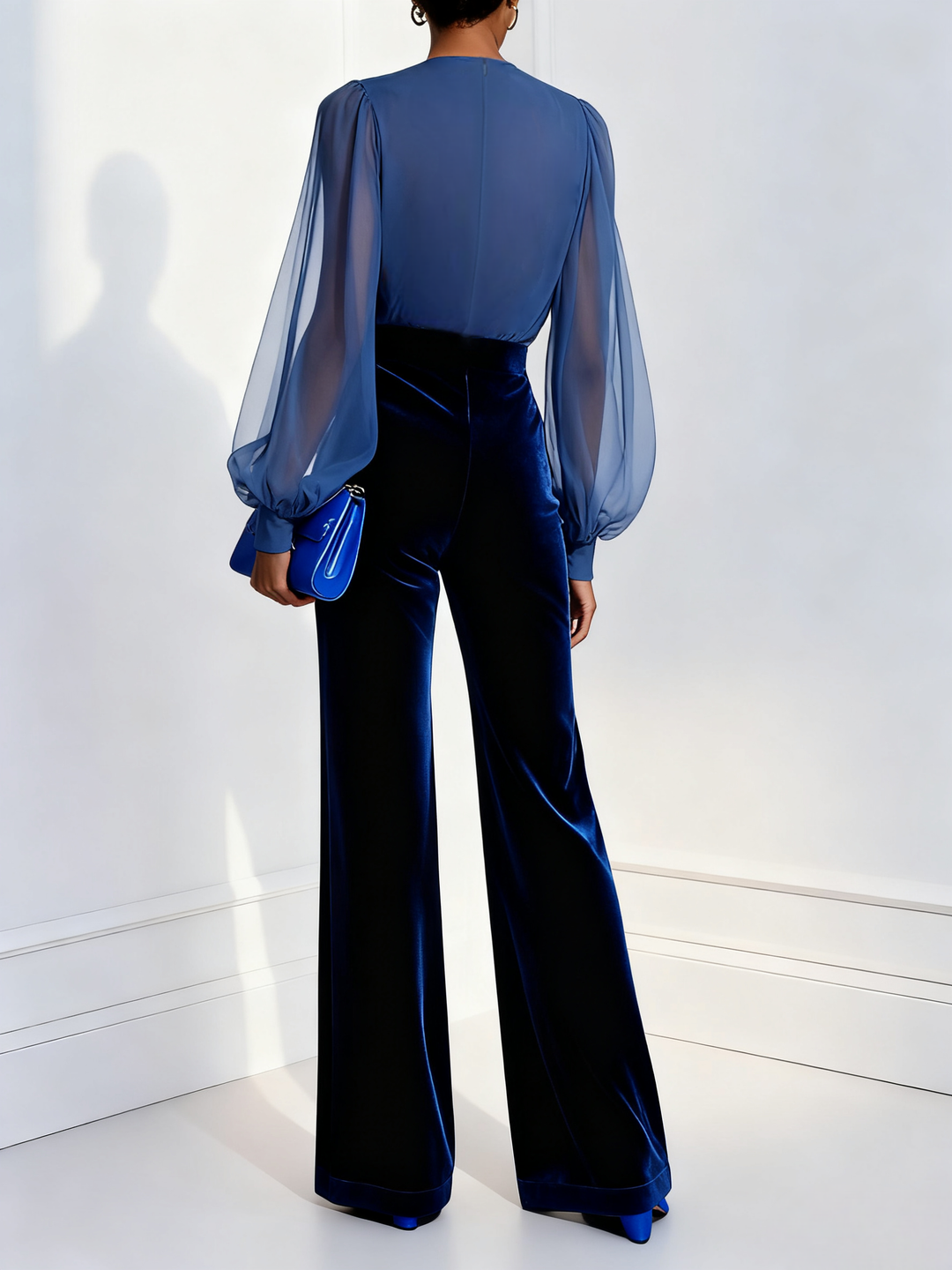 Zaira™ - Elegant Velvet Jumpsuit with V-Neck and Long Sheer Sleeves