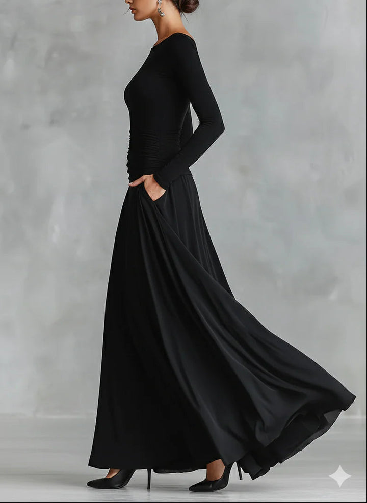 Luna | Long Boat-Neck Dress with Pleated Crepe Design