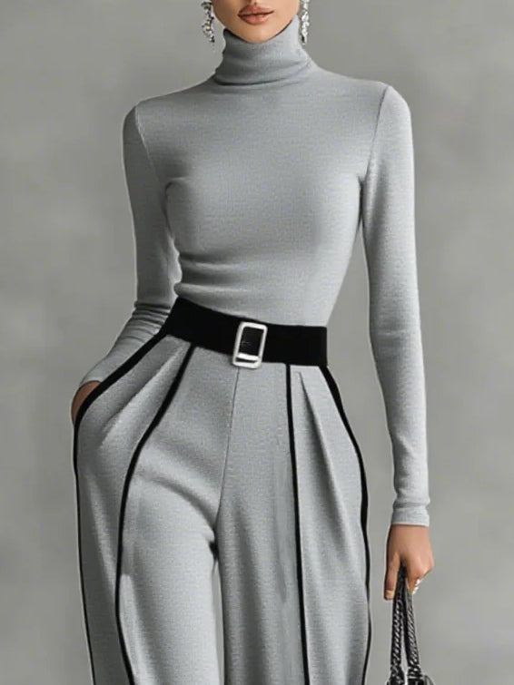 Solana™ - Long Sleeve High Neck Top and Wide Leg Trouser Set with Belt