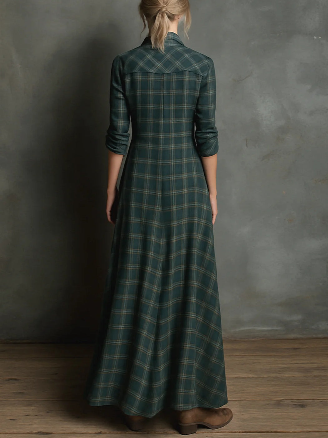 Elodie | Long Green Plaid Dress