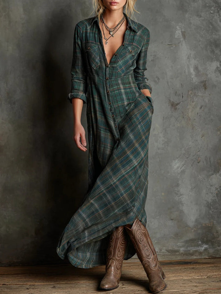 Elodie | Long Green Plaid Dress