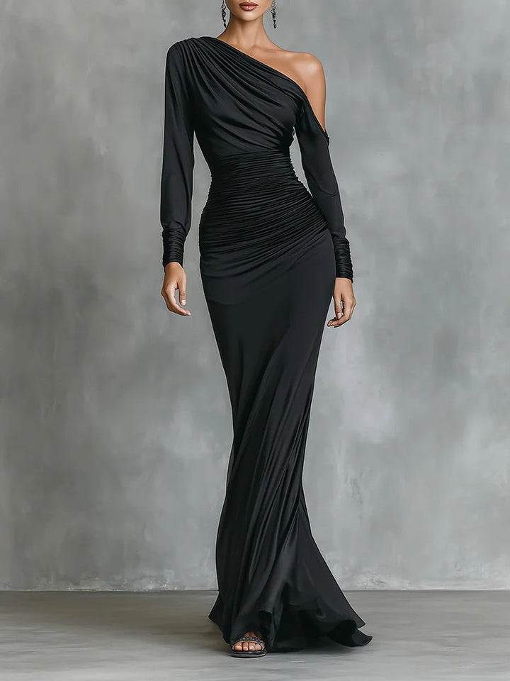 Rhea | One-Shoulder Satin Ruched Mermaid Maxi Dress