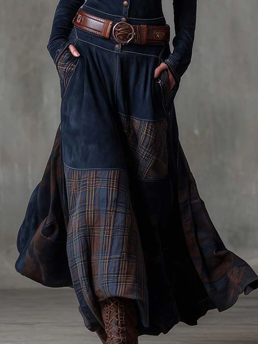 Norah | Navy Plaid Suede Maxi Dress