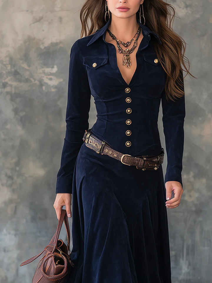 Emilia | Suede Maxi Dress with Flap Pockets