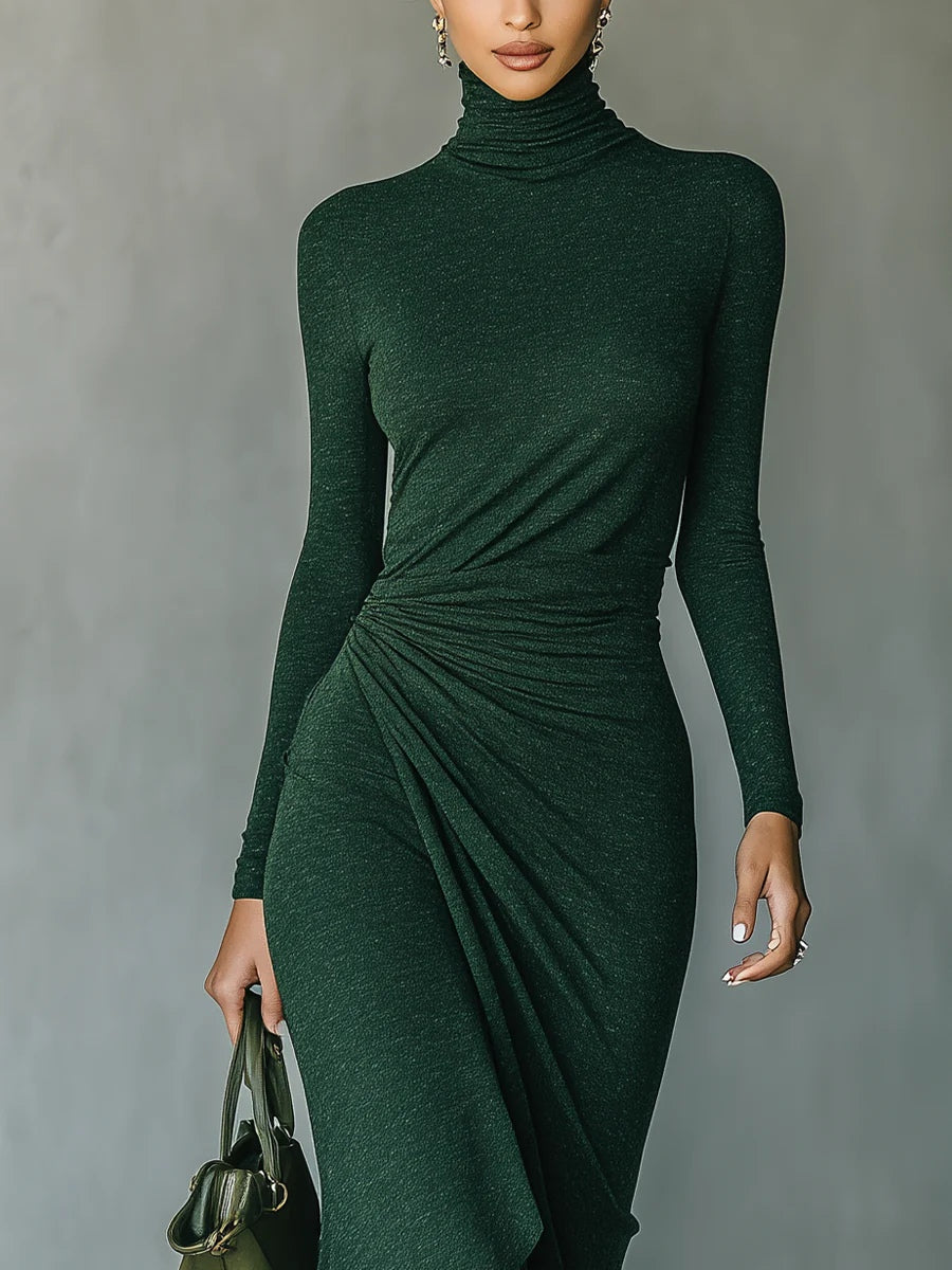 Lenora™ Dark Green Asymmetrical Midi Dress with Pleats and High Neck
