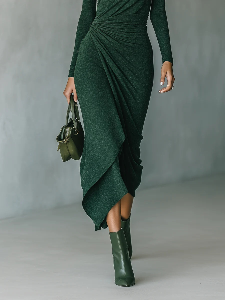 Lenora™ Dark Green Asymmetrical Midi Dress with Pleats and High Neck