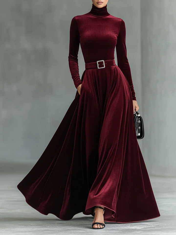 Solenne | Luxe Velvet Turtleneck Maxi Dress