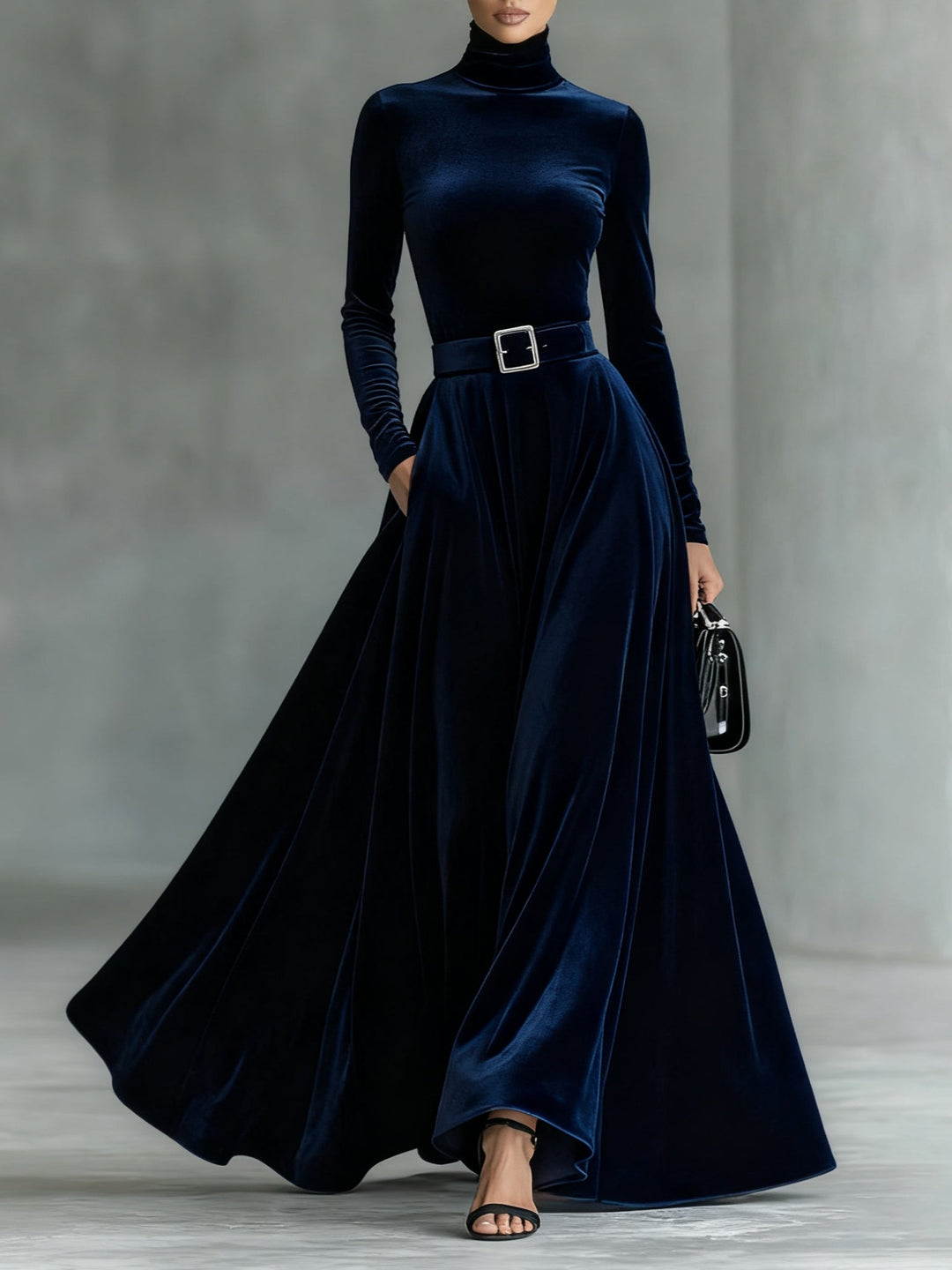Solenne | Luxe Velvet Turtleneck Maxi Dress