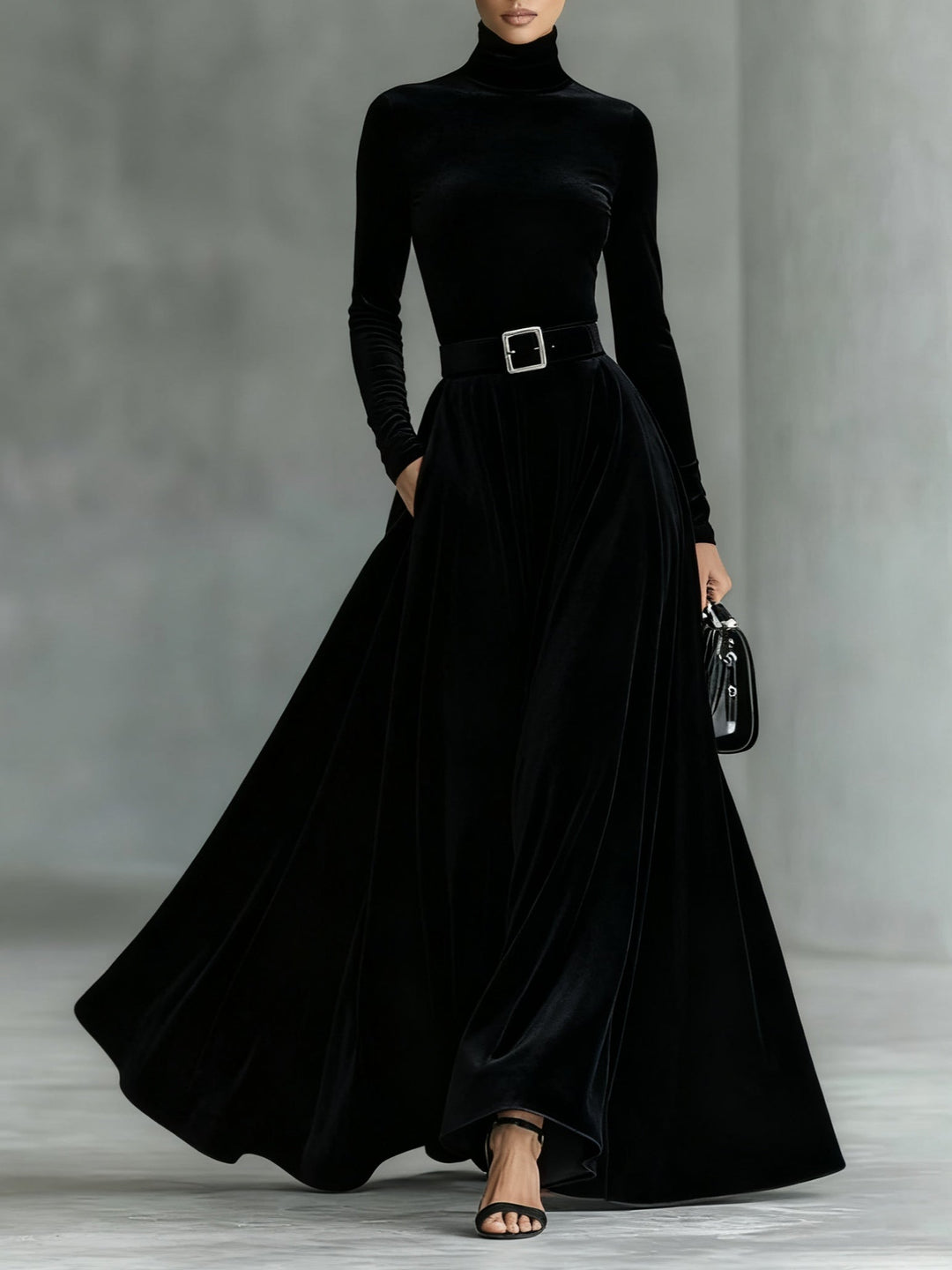 Solenne | Luxe Velvet Turtleneck Maxi Dress