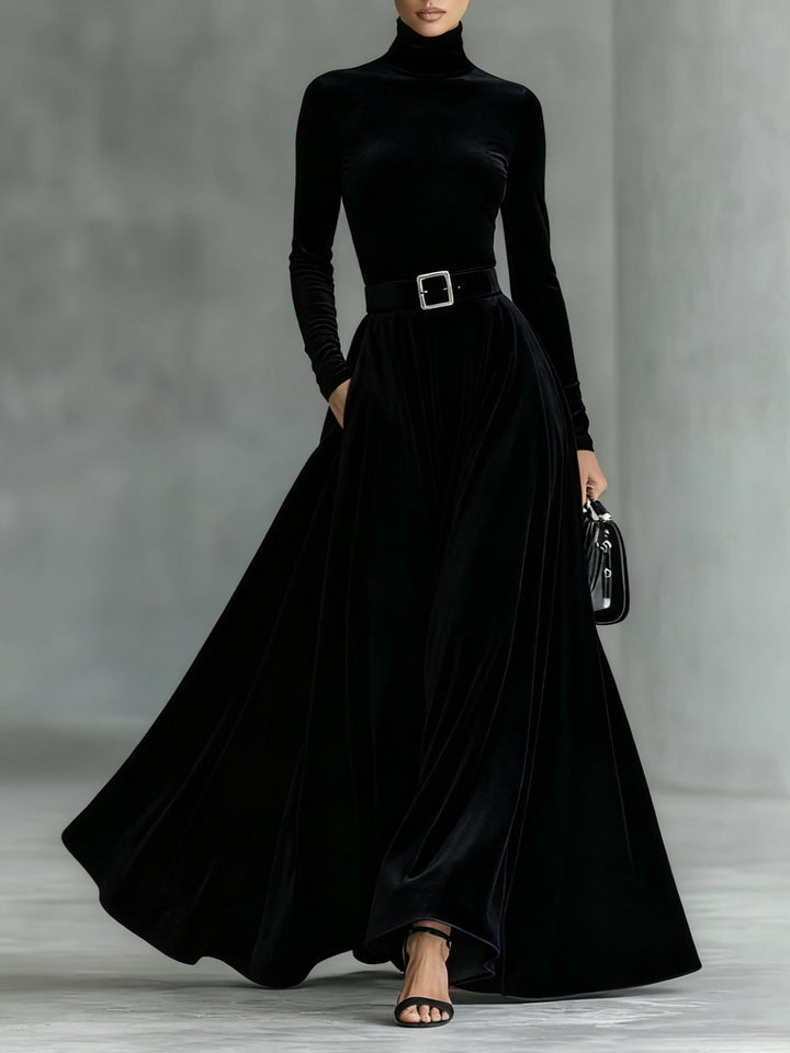 Solenne | Luxe Velvet Turtleneck Maxi Dress