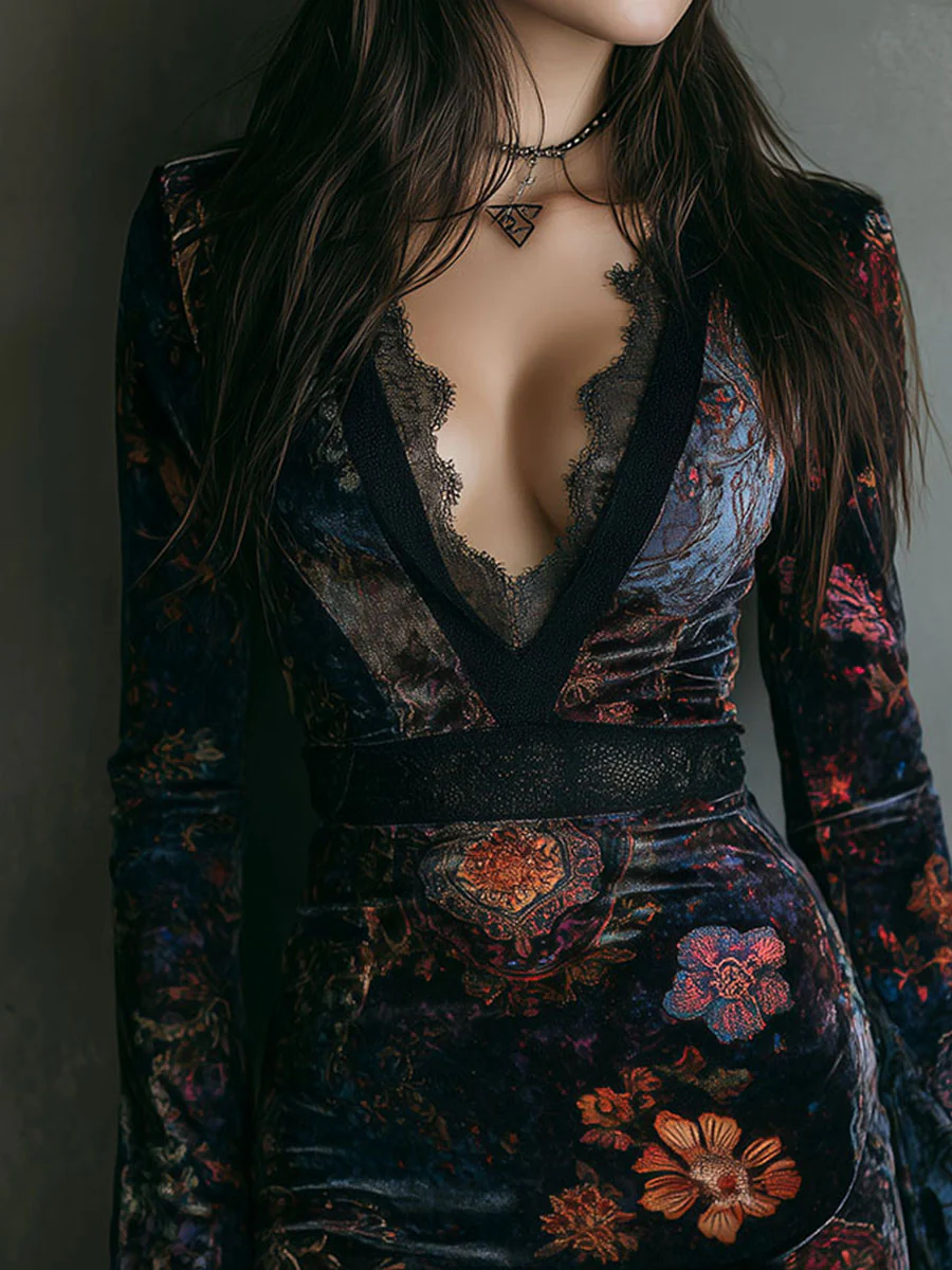 Gracie™ - Floral Print Mini Velvet Dress with Lace Accents