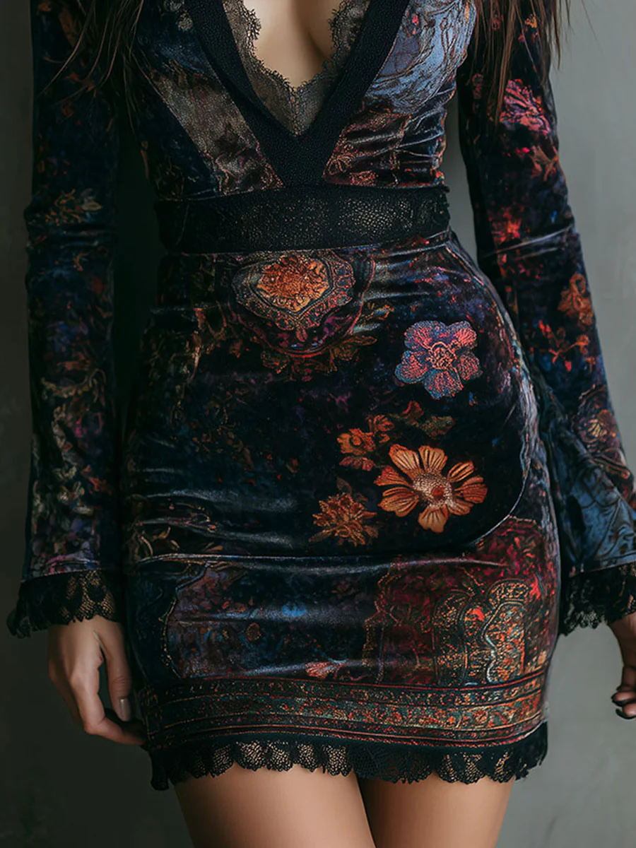 Gracie™ - Floral Print Mini Velvet Dress with Lace Accents