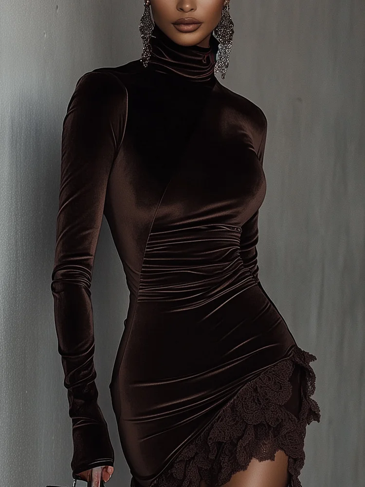 Olivia™ - Chocolate Velvet Mini Fitted Dress with High Neck and Lace Trim