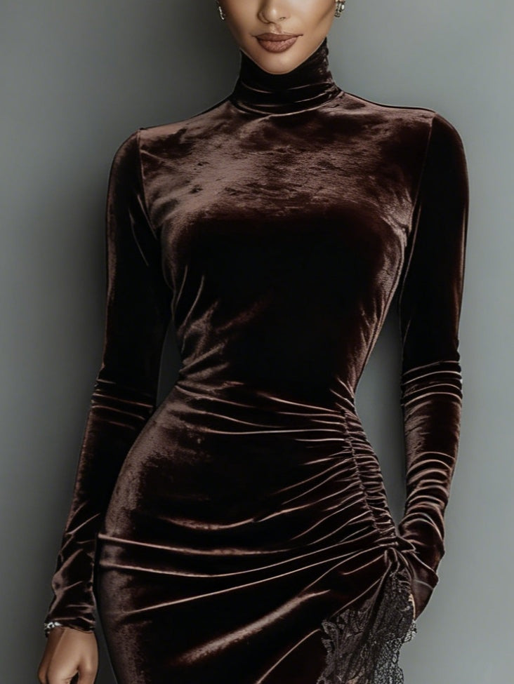 Isabella™ - Chocolate Velvet Maxi Dress with Asymmetrical Lace Hem