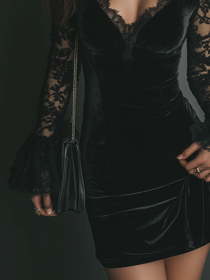 Luna™ | Velvet Mini Dress with Lace Detail