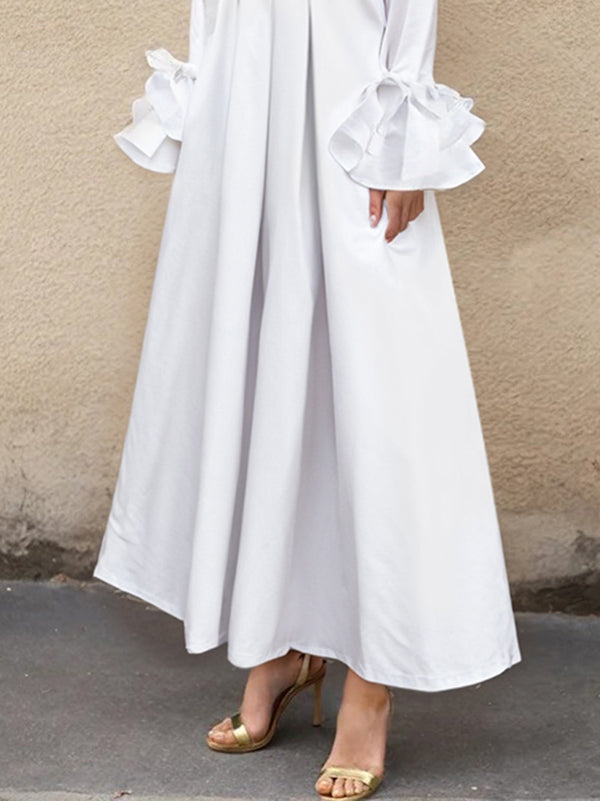 Maxi Shirt Dress with Flared Sleeves, Pleated Design, and Split-Joint Lapel in Solid Color
