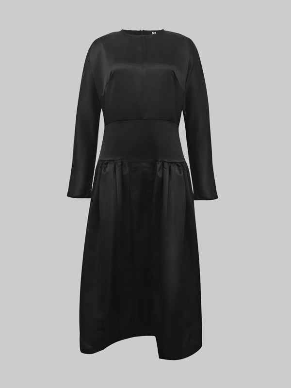 Long Sleeves Solid Color Round-Neck Midi Dresses