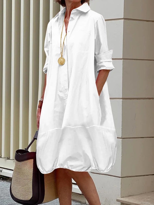 Midi Shirt Dress with Long Sleeves and Lapel Collar in Solid Color