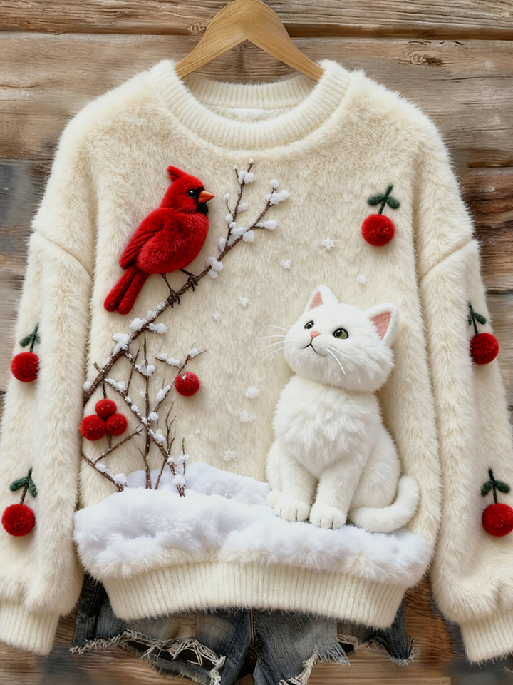 Molly™ | Women's Christmas Robin And Cat Plush Sweater