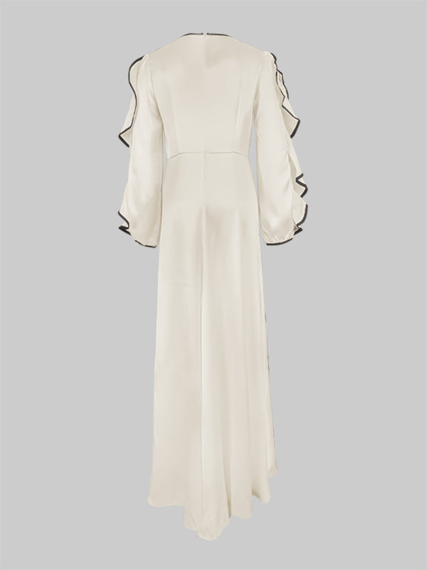 Maxi Dress with Ruffled Floral Print, Hollow Design, and Contrast Colors