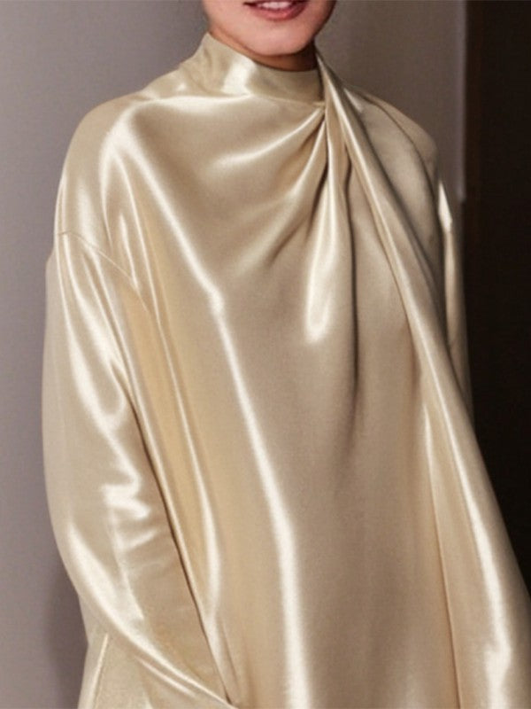 Long Sleeves Loose Shiny Solid Color High Neck Mini Dresses