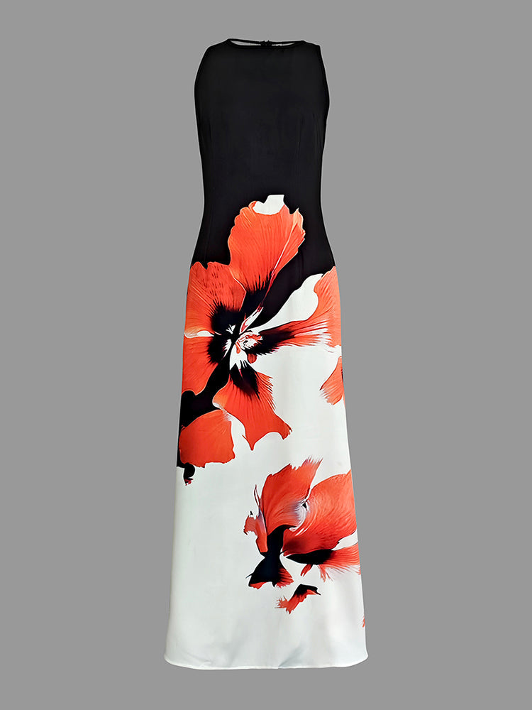 Floral Print Sleeveless Maxi Dress with Round Neck