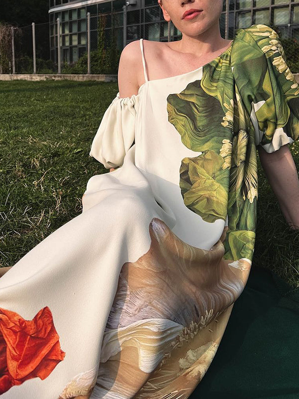 A-Line Loose Elasticity Flower Print One-Shoulder Maxi Dresses
