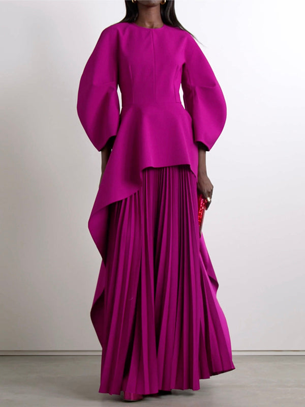 Maxi Dress with Long Sleeves, Loose Fit, Pleated Design, Solid Color, Split-Joint, and Tiered Round Neck
