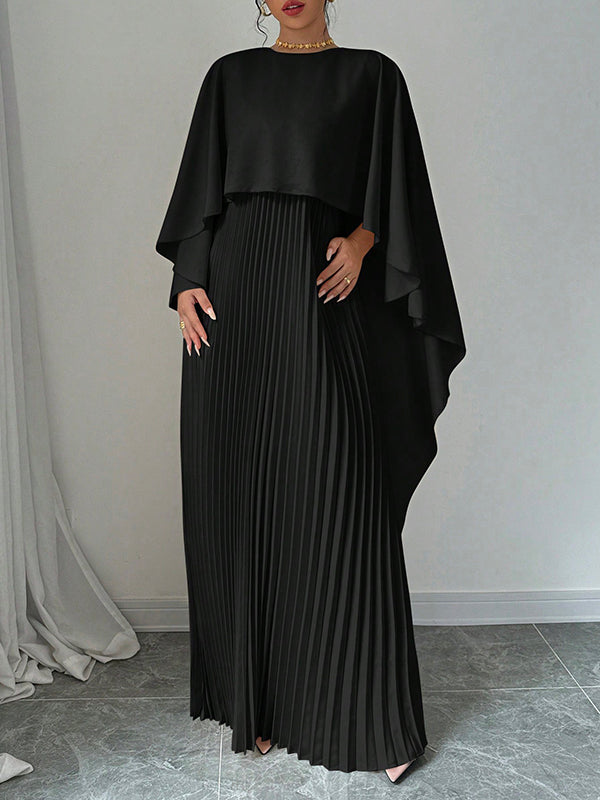 Maxi Evening Dress with Cape, High-Low Pleats, Solid Color, and Split Joint Round Neck
