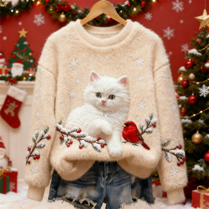 Tilly™ | Christmas Cat & Bird Art Women's Flannel Sweater