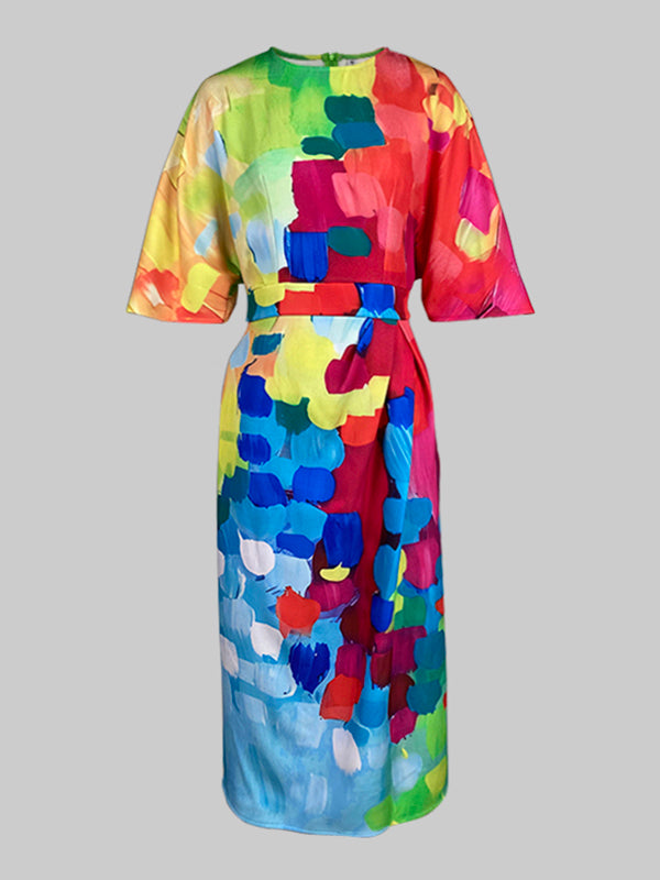 Loose Asymmetric Split-Joint Tied Waist Round-Neck Midi Dresses