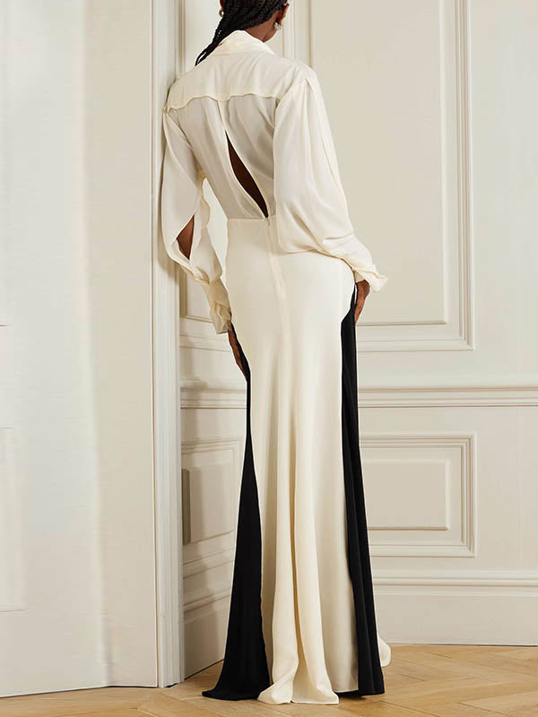 V-Neck Evening Maxi Dress with Long Sleeves and Contrast Color Design