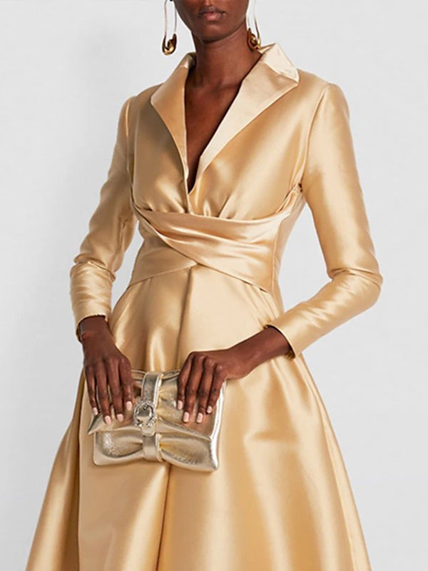 Solid Color V-Neck Maxi Dress with High Waisted A-Line Pleats