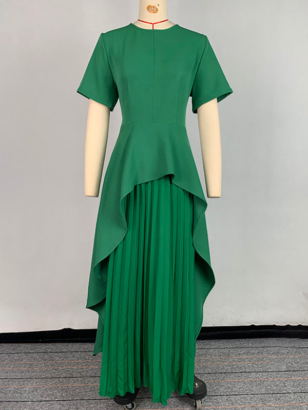 High-Waisted A-Line Maxi Dress with Pleats and Split Joint Round Neck