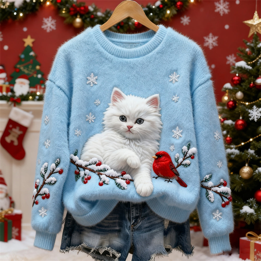 Tilly™ | Christmas Cat & Bird Art Women's Flannel Sweater