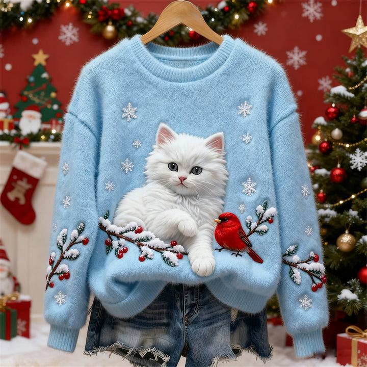 Tilly™ | Christmas Cat & Bird Art Women's Flannel Sweater
