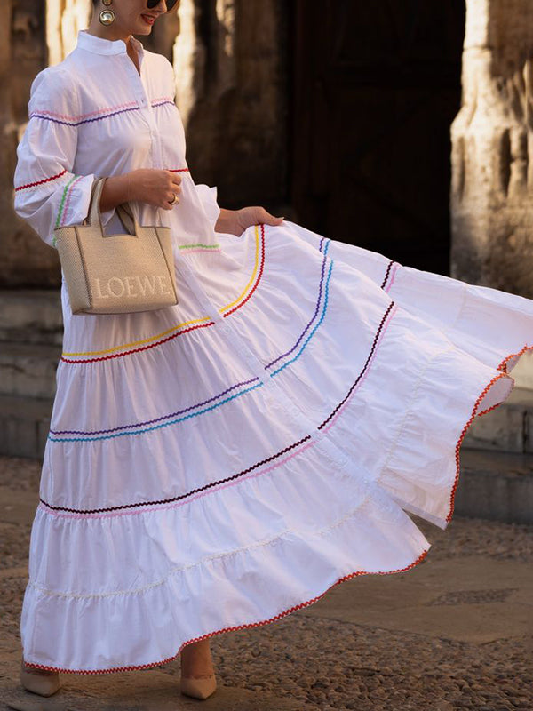 A-Line Long Sleeves Buttoned Contrast Color Elasticity Mock Neck Maxi Dresses