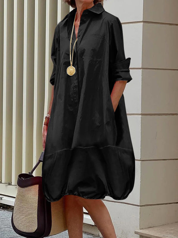Midi Shirt Dress with Long Sleeves and Lapel Collar in Solid Color