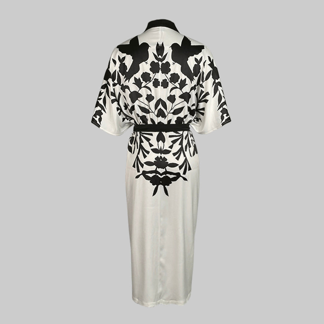 Half Sleeves Flower Print Printed Tied Waist V-Neck Midi Dresses