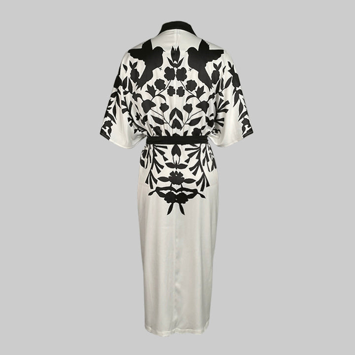 V-Neck Midi Dress with Half Sleeves and Floral Print, Featuring a Tied Waist