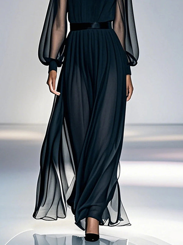 Sheer Pleated Maxi Dress with Round Neck and Loose Gauze Design