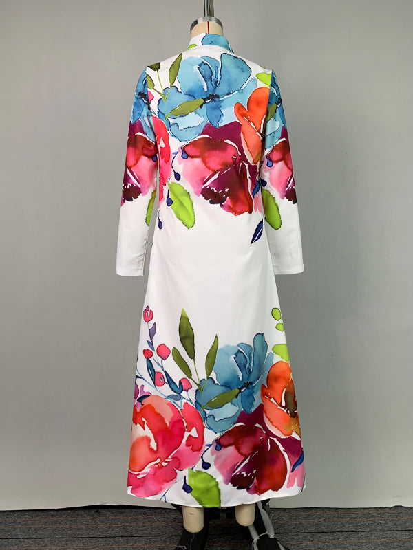 Long Sleeves Loose Buttoned Flower Print Lapel Maxi Dresses Shirt Dress