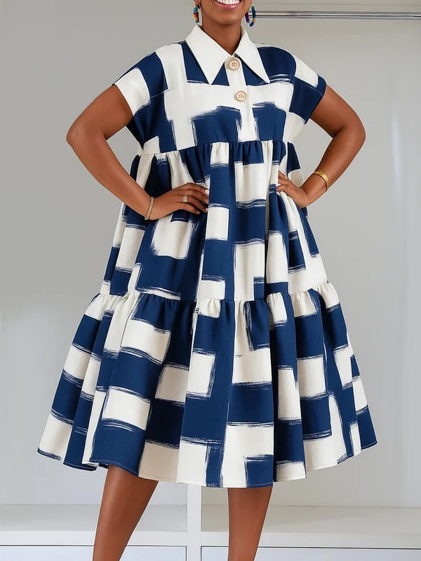 A-line High Waisted Buttoned Contrast Color Pleated Pockets Lapel Midi Dresses